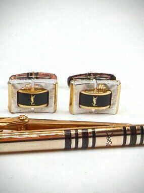 Vintage YSL Cufflinks Tie Bar Set Gold Tone Black Stripe SS327